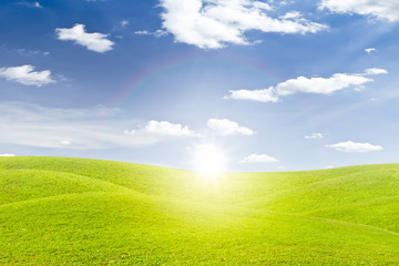 Fototapeta na wymiar green grass field and sunset and blue sky