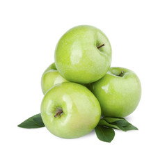 Group of green apples with a leaf on a white background