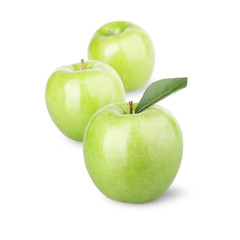 Group of green apples with a leaf on a white background
