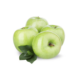 Group of green apples with a leaf on a white background