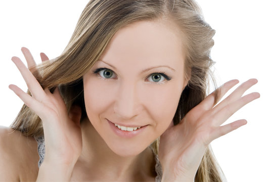 Bright picture of smiling woman face with hand her hear