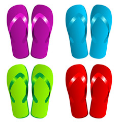 Beach footwear with different colors over white background