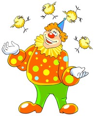 Happy clown juggling chicks.