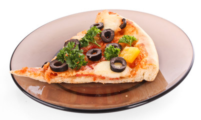 Pizza with olives on plate isolated on white