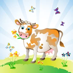 Fototapeten Zeichentrickfigur der Kuh auf dem Gras © Merlinul