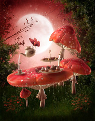 Magiczny ogród z czerwonymi grzybami - obrazy, fototapety, plakaty