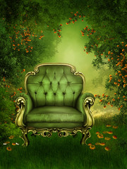 Naklejka na ściany i meble Zielony fotel w letnim ogrodzie