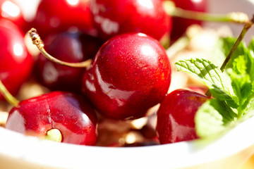 bunch of fresh,juicy, ripe cherries, shallow dof