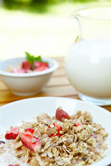bowl of muesli with fresh fruits as diet food