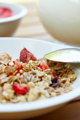 bowl of muesli with fresh fruits as diet food