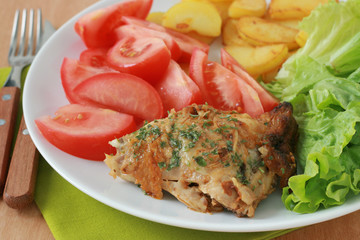fried chicken with potato and salad