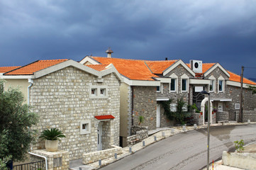 Fototapeta na wymiar Common Balkans buildings in Sveti Stefan, Montenegro