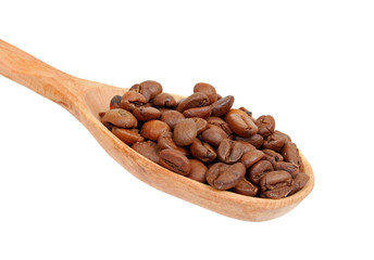 Coffee beans in wooden spoon, isolated on a white background