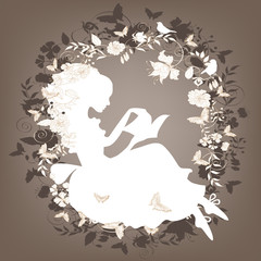 Vintage background with flowers, bird and girl reading book.