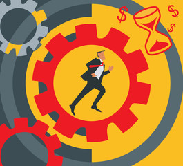 Side view of businessman running near cogwheels