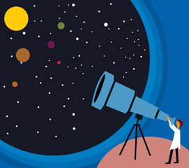 Side view of a person looking stars through telescope