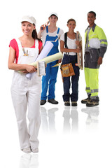 Young building workers isolated on white background