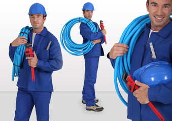 Photo-montage of plumber on white background