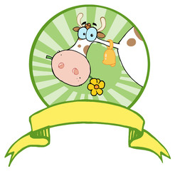 Cartoon Logo Mascot-Farm Cow Head Chewing On A Flower