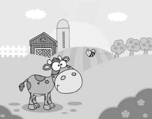 Grayscale Bee Flying Towards A Lone Young Cow In A Pasture