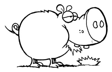 Outline Of A Chubby Pig Eating Grass