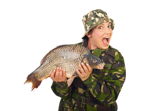 Amazed Fisher Woman Holding Big Carp