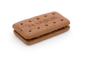 Single chocolate cream filled biscuit over white