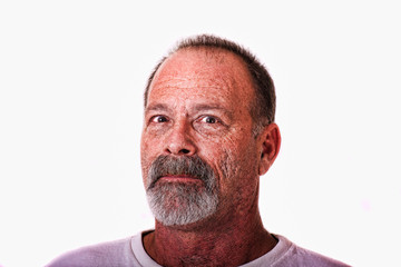 Old Guy with Gray Beard and Mustache Head to Side Looking at Cam