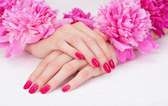 Manicure With Pink Fingernails And Peony Flowers