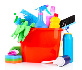 bucket with cleaning supplies isolated on white background