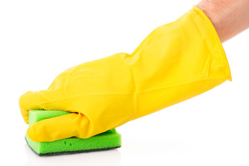 hand wearing a working glove and holding big sponge