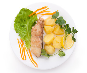 fish and potatoes served isolated on white background