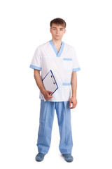 Medical doctor isolated holding clipboard on white background