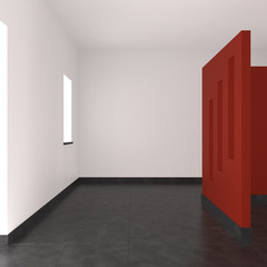 modern empty interior with red wall and tiled floor