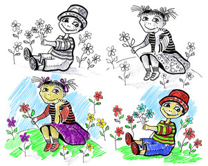 Obraz na płótnie Canvas The girl and the boy with summer flowers
