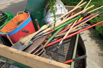 Garden tools in back of trailer