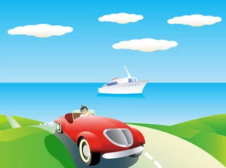 Poster Kustlandschap met auto en jacht. © artist leo