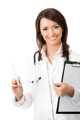 Female doctor or nurse with syringe and clipboard, isolated