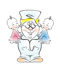 Иллюстрация детского врача, который держит на руках двойняшек.