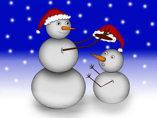 two snowman in the snow at night