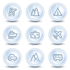 Travel web icons set 1, light blue glossy circle buttons