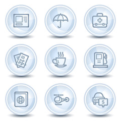 Travel web icons set 4, light blue glossy circle buttons