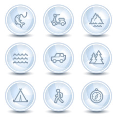 Travel web icons set 3, light blue glossy circle buttons