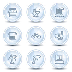Vacation web icons, light blue glossy circle buttons