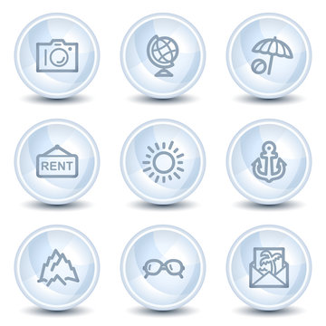Travel web icons set 5, light blue glossy circle buttons