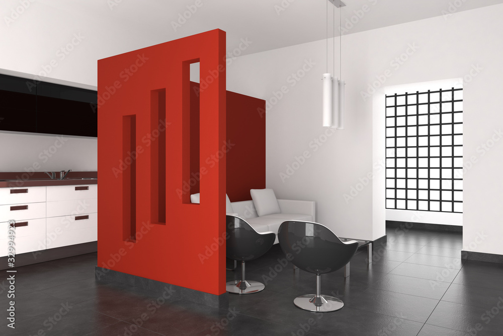 Wall mural modern interior with living room and kitchen