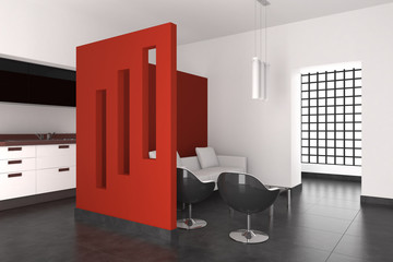 modern interior with living room and kitchen