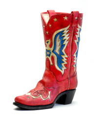 Red vintage cowboy boot on white set