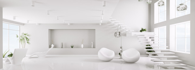 Weiss interior mit treppe panorama 3d render