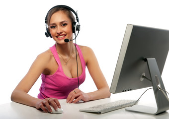 pretty girl works on a computer